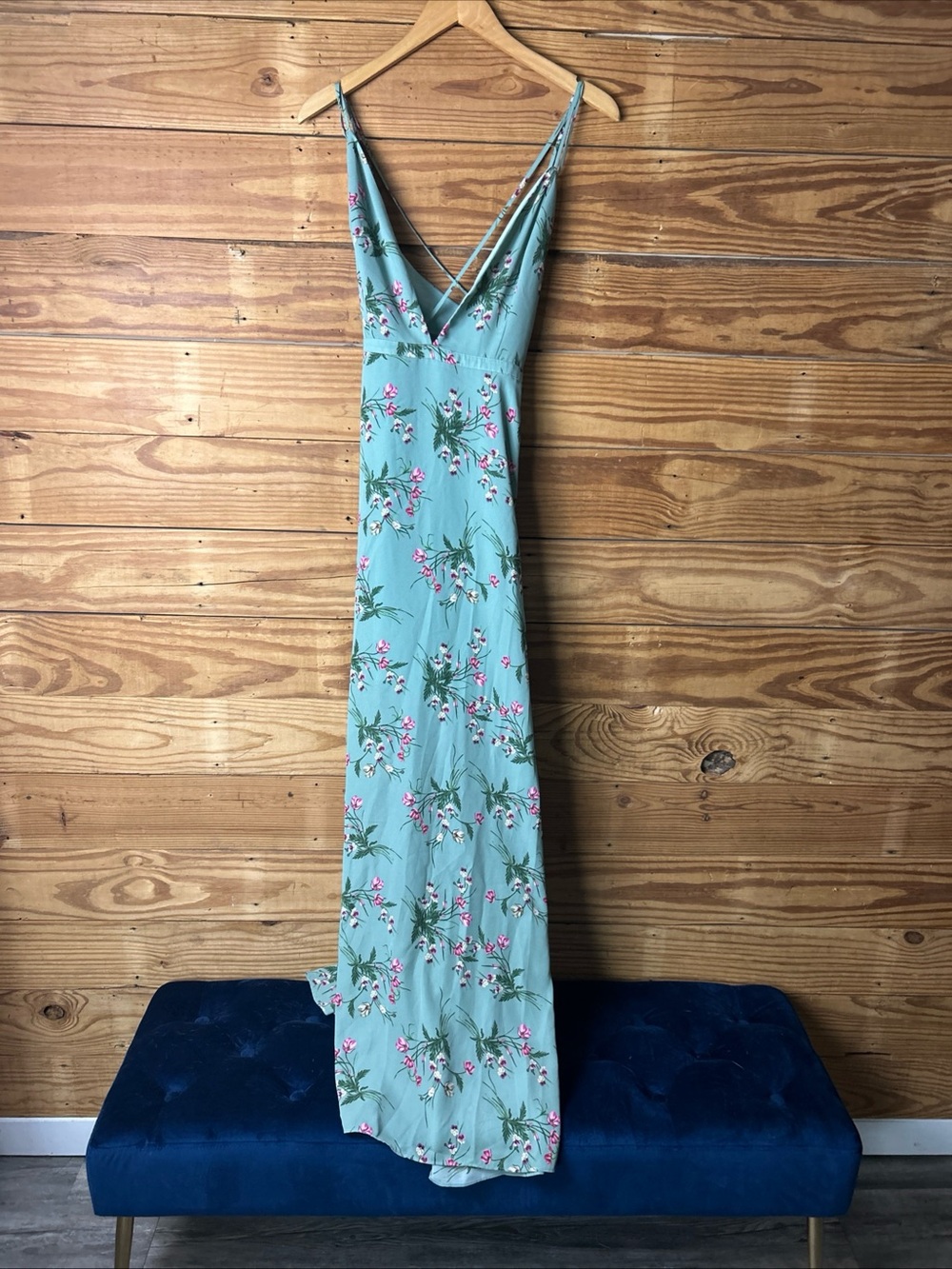 bebe Light Teal Floral Maxi Dress with Spaghetti Straps